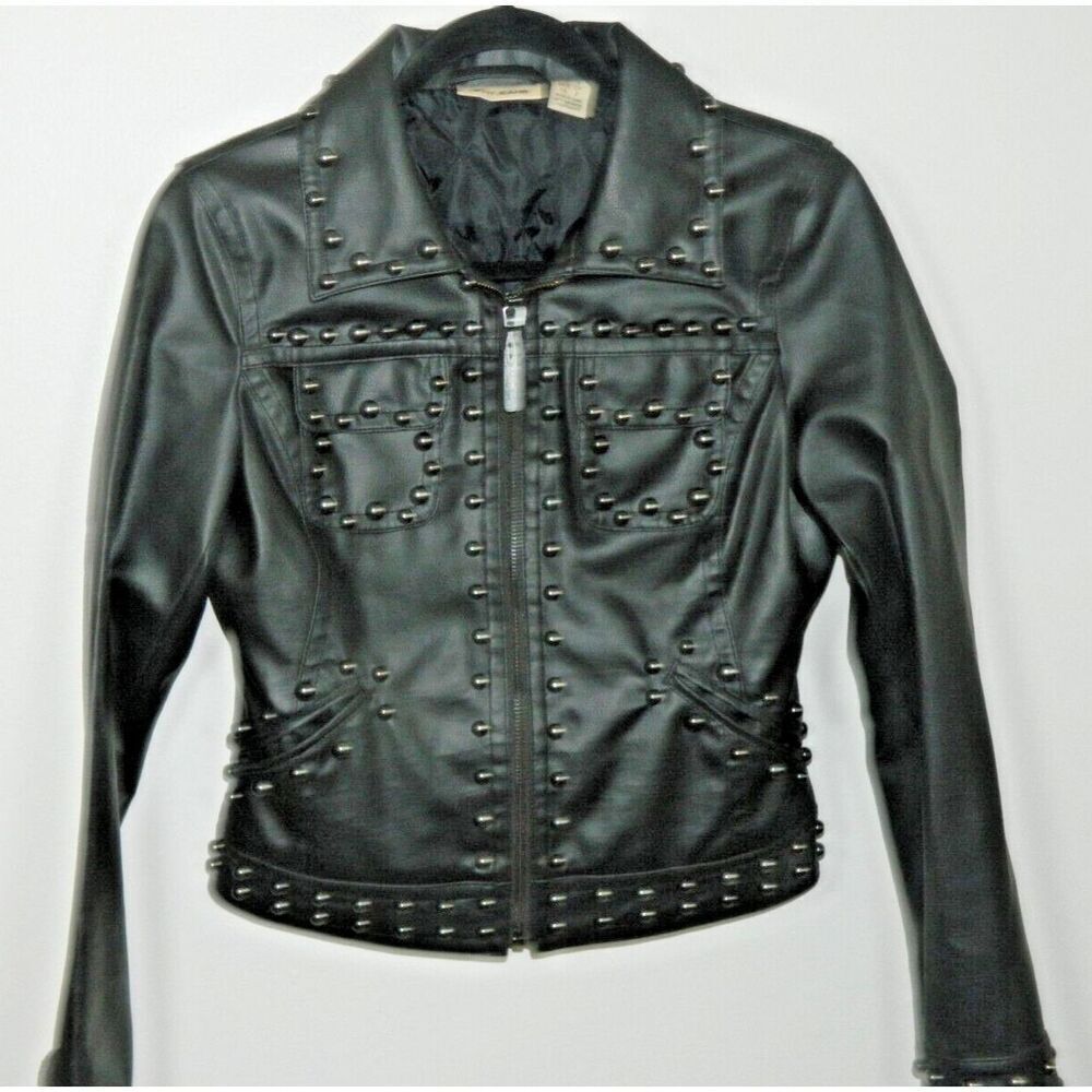 DKNY Jacket‎ Size Smalll Black Faux-Leather  Studded Moto Quilted Lining - Picture 3 of 11